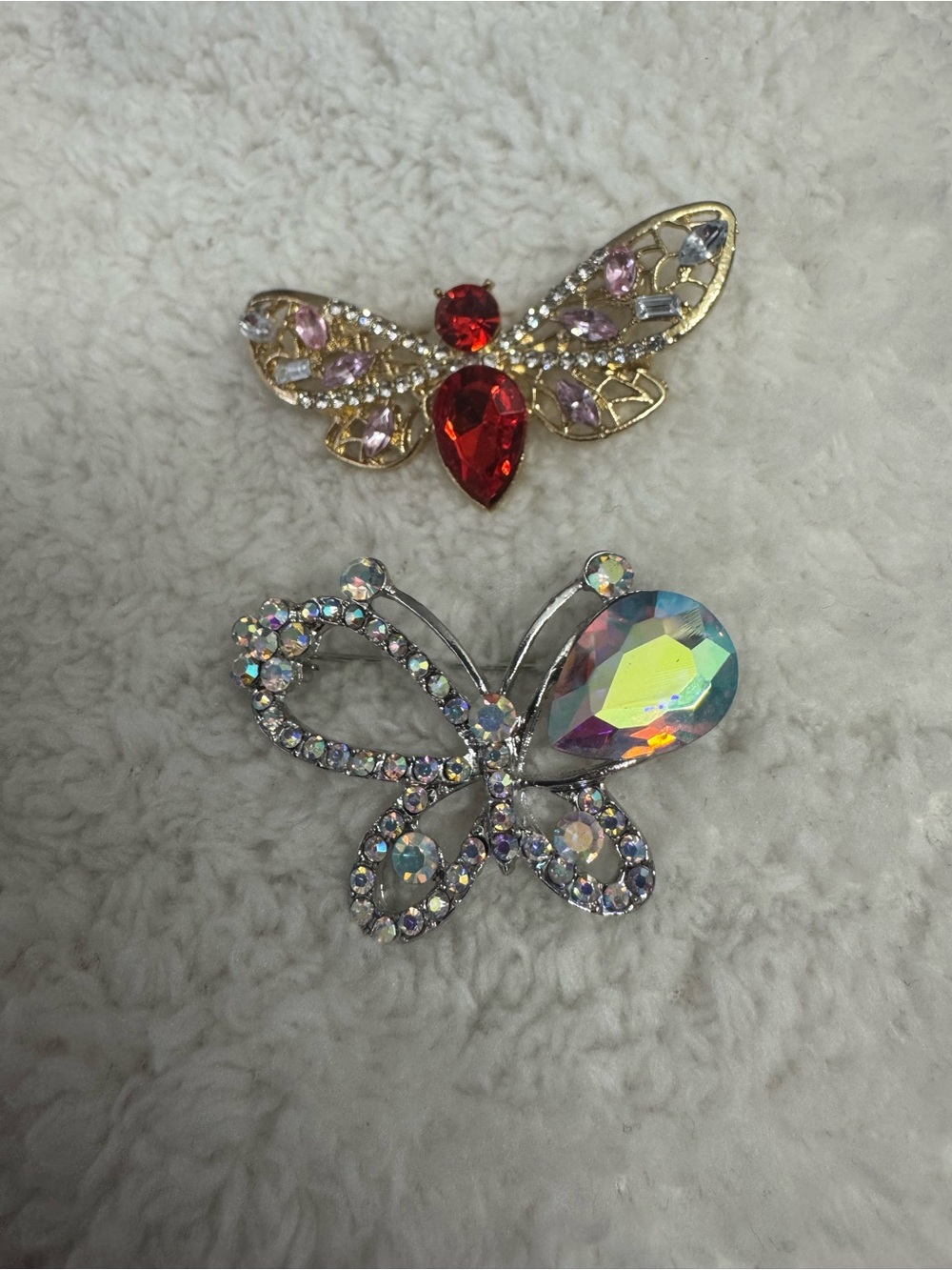 Crystal Butterfly Brooches - Gold & Silver with Red and Gems
